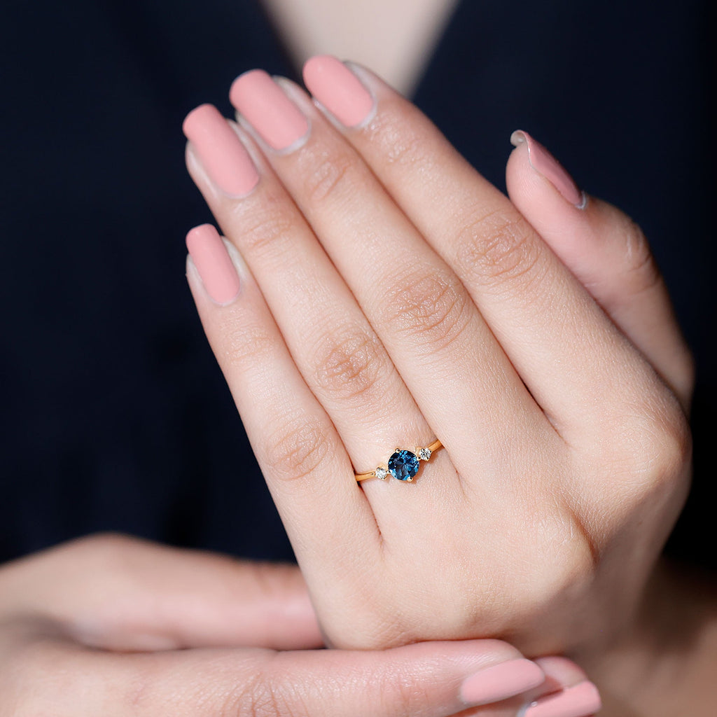0.6 Carat Round London Blue Topaz Minimal Promise Ring with Diamond