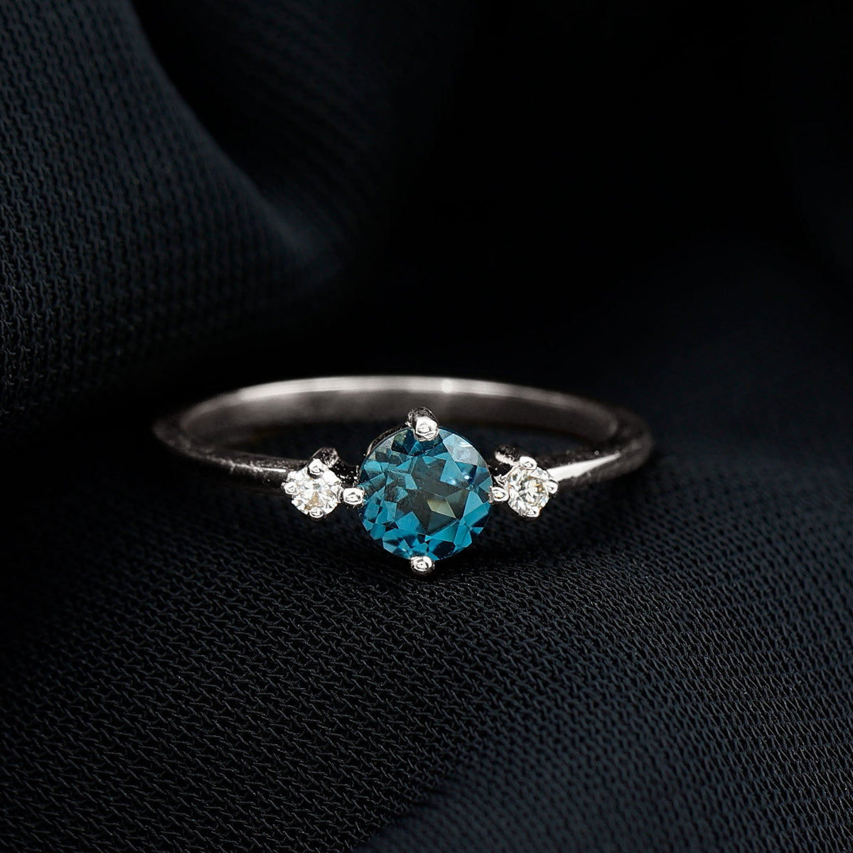 0.6 Carat Round London Blue Topaz Minimal Promise Ring with Diamond