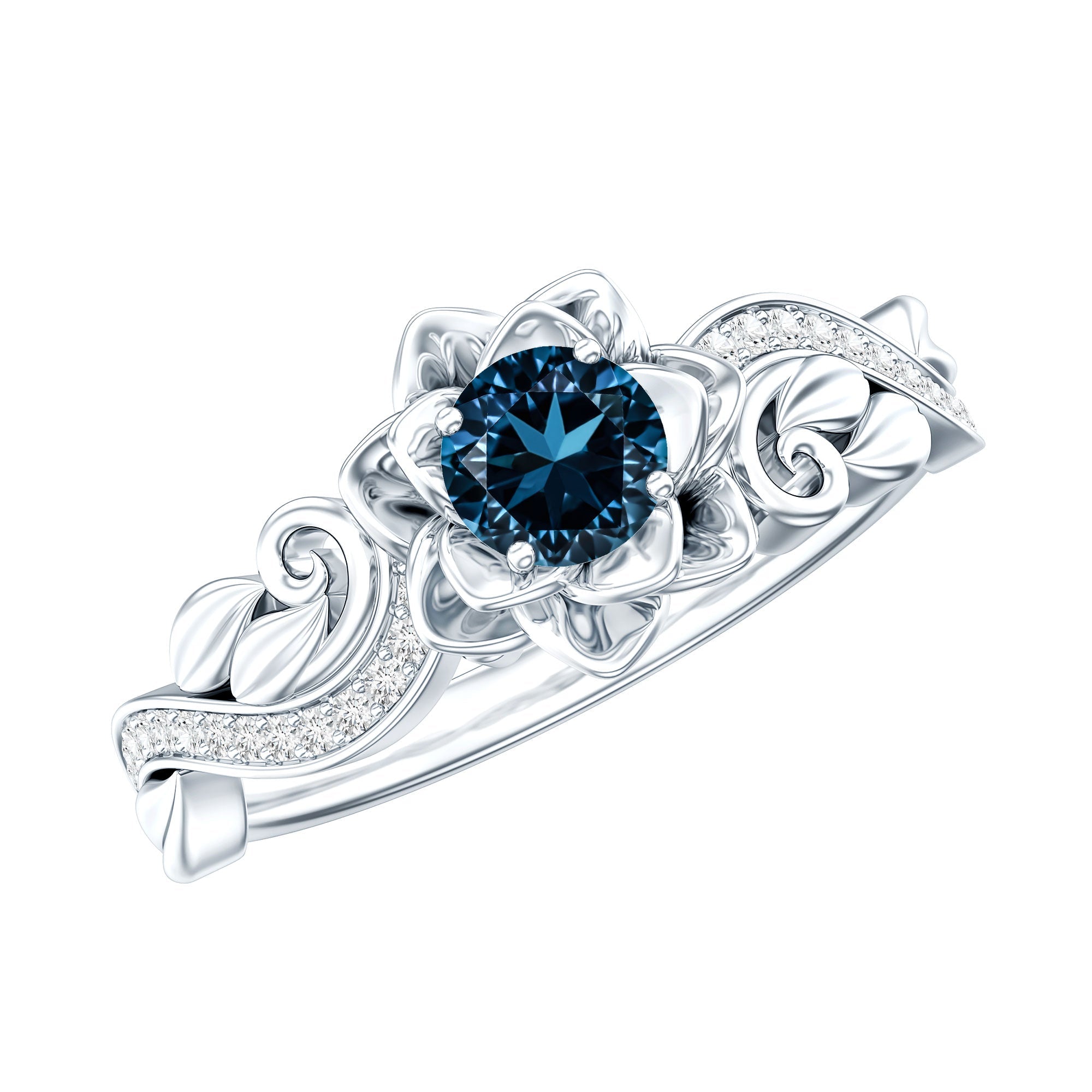 0.6 Carat Round Shape London Blue Topaz Nature Inspired Engagement Ring with Diamond