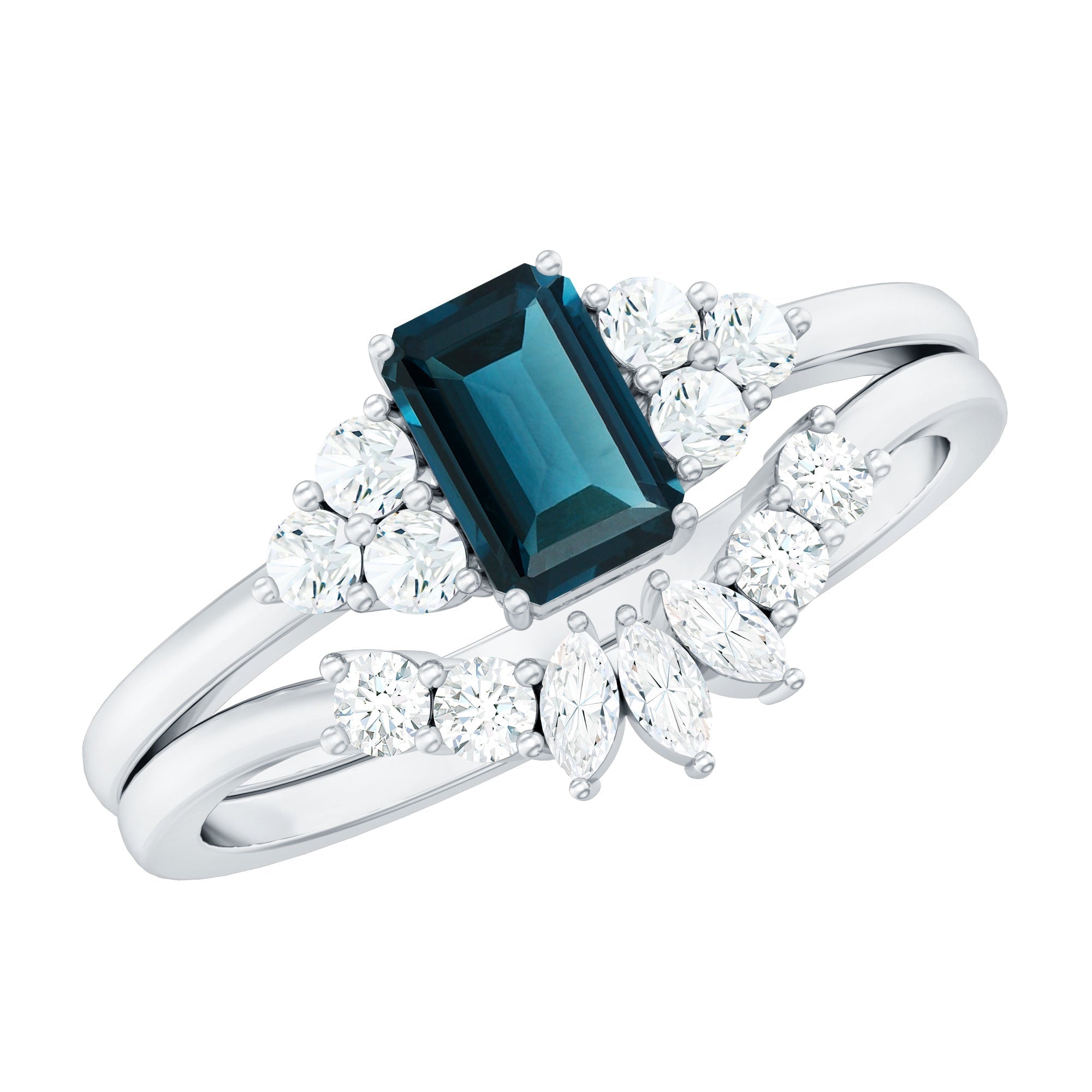 0.7 Carat Emerald Cut London Blue Topaz Designer Bridal Ring Set with Diamond