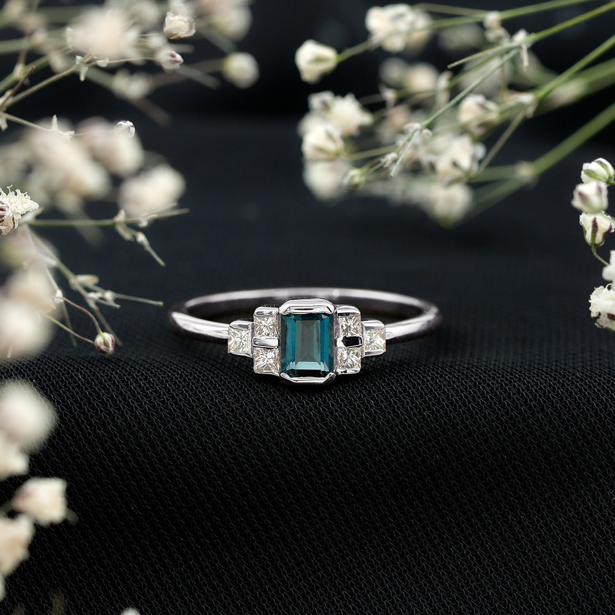 0.7 Carat Emerald Cut London Blue Topaz Statement Ring with Diamond