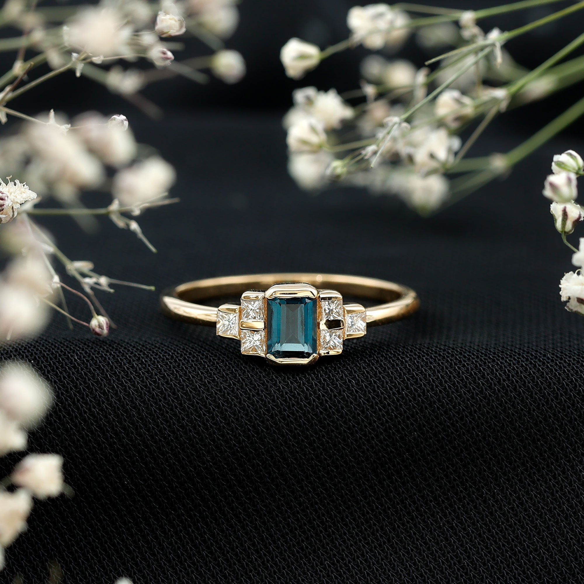 0.7 Carat Emerald Cut London Blue Topaz Statement Ring with Diamond