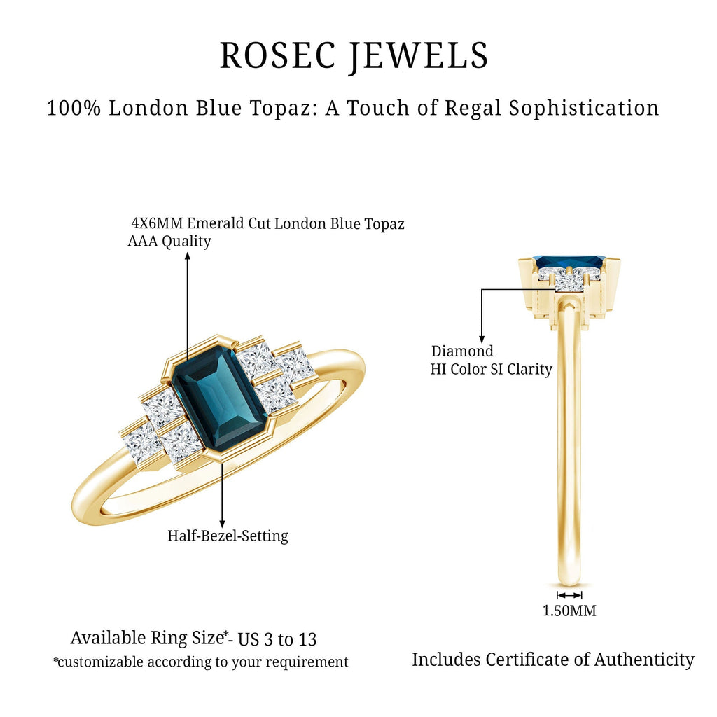 0.7 Carat Emerald Cut London Blue Topaz Statement Ring with Diamond
