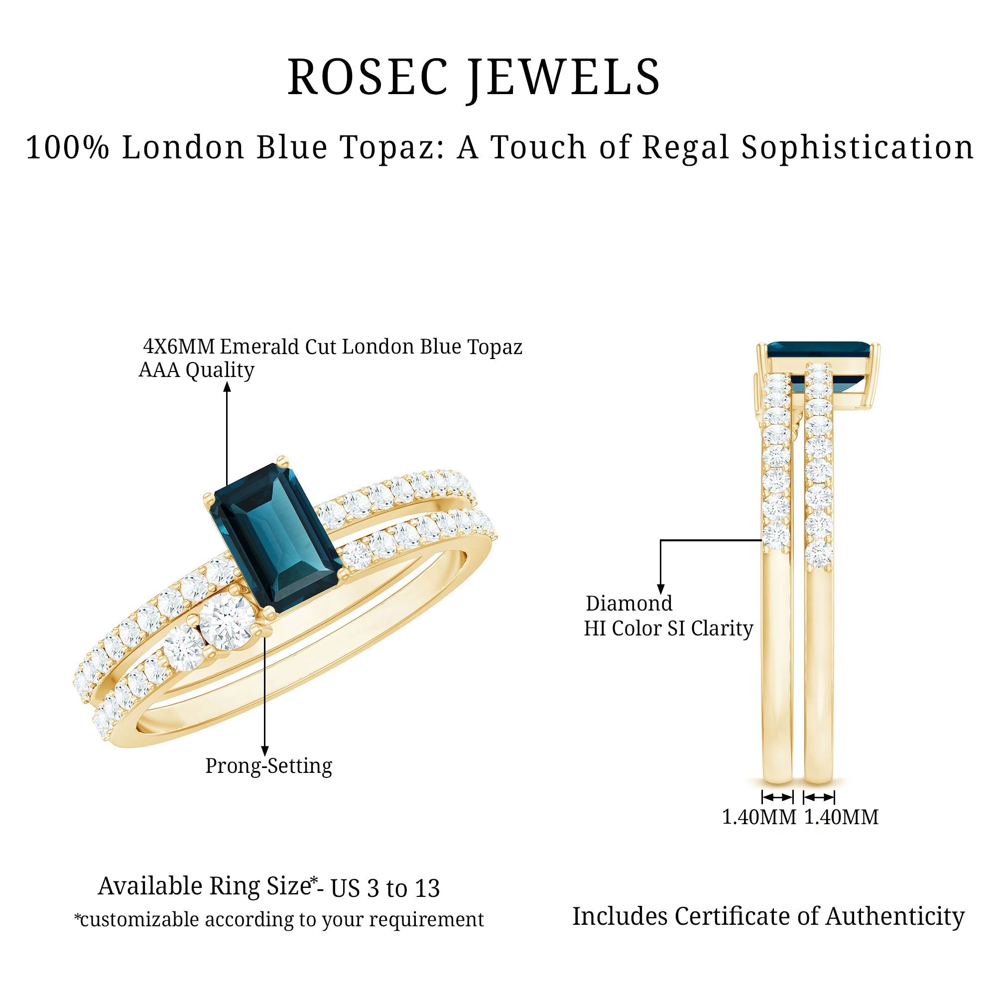 0.7 Carat Emerald Cut London Blue Topaz Wedding Ring Set with Diamond