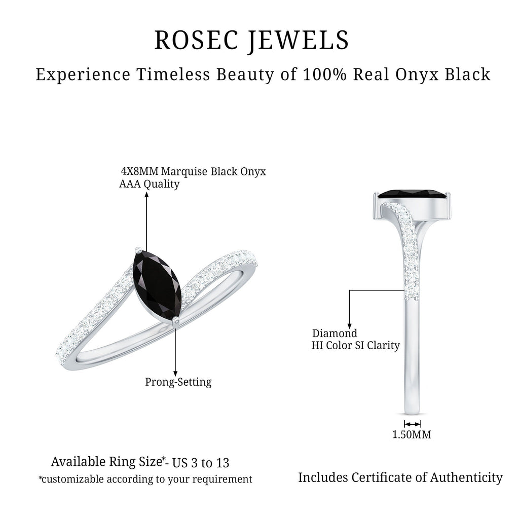 0.7 Carat Marquise Cut Black Onyx Promise Ring with Diamond Bypass Shank