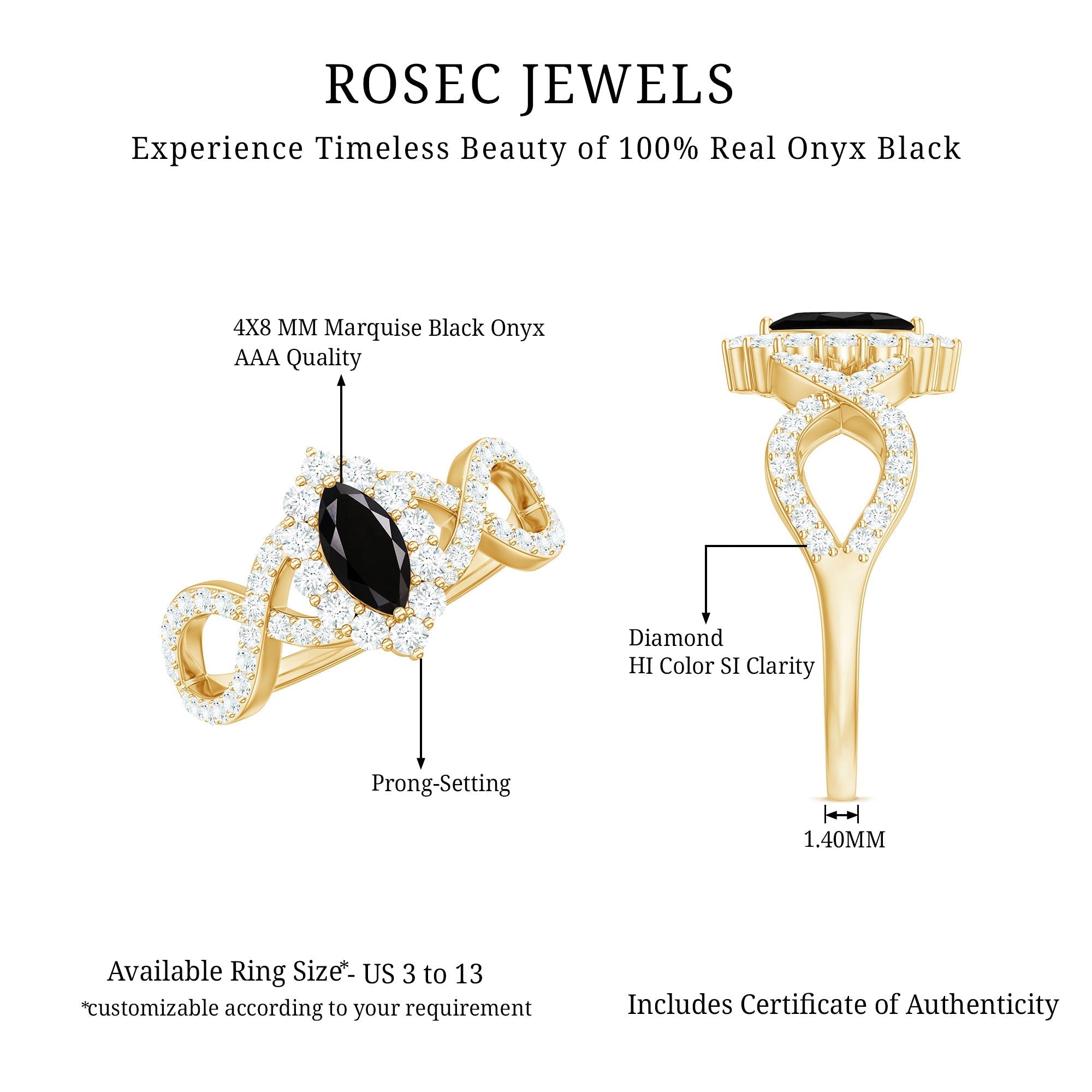 0.7 Carat Marquise Cut Black Onyx Statement Engagement Ring with Diamond Halo