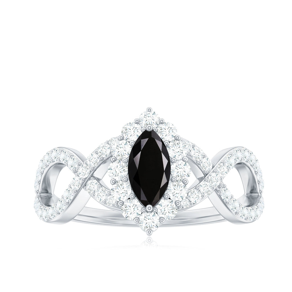 0.7 Carat Marquise Cut Black Onyx Statement Engagement Ring with Diamond Halo