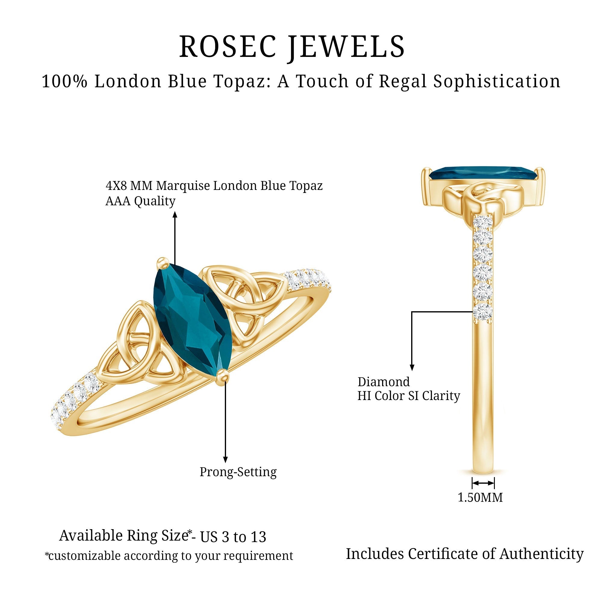 0.74 Carat Marquise Cut London Blue Topaz Celtic Engagement Ring with Diamond