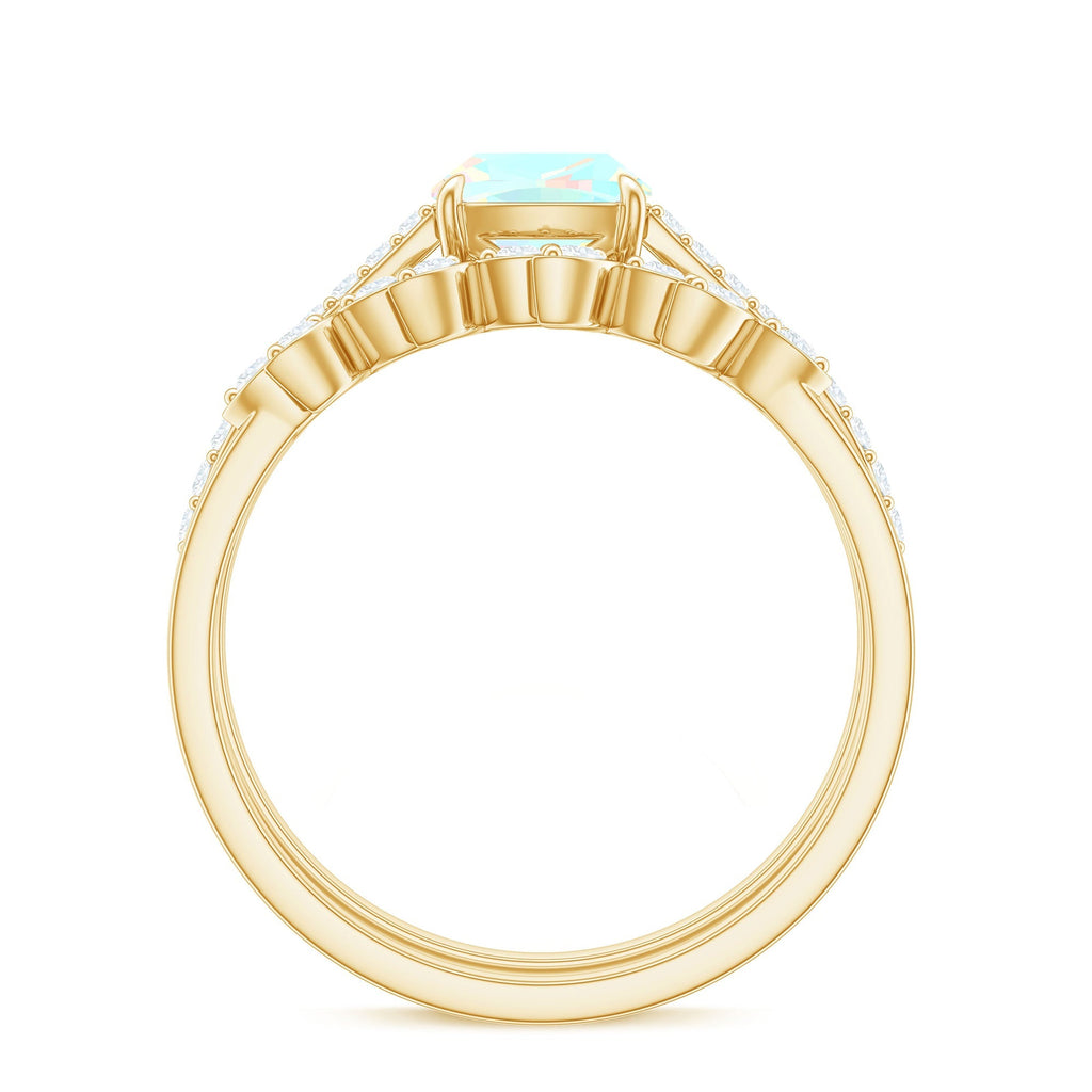 0.8 Carat Cushion Cut Ethiopian Opal Solitaire Ring Set with Diamond Stackable Band