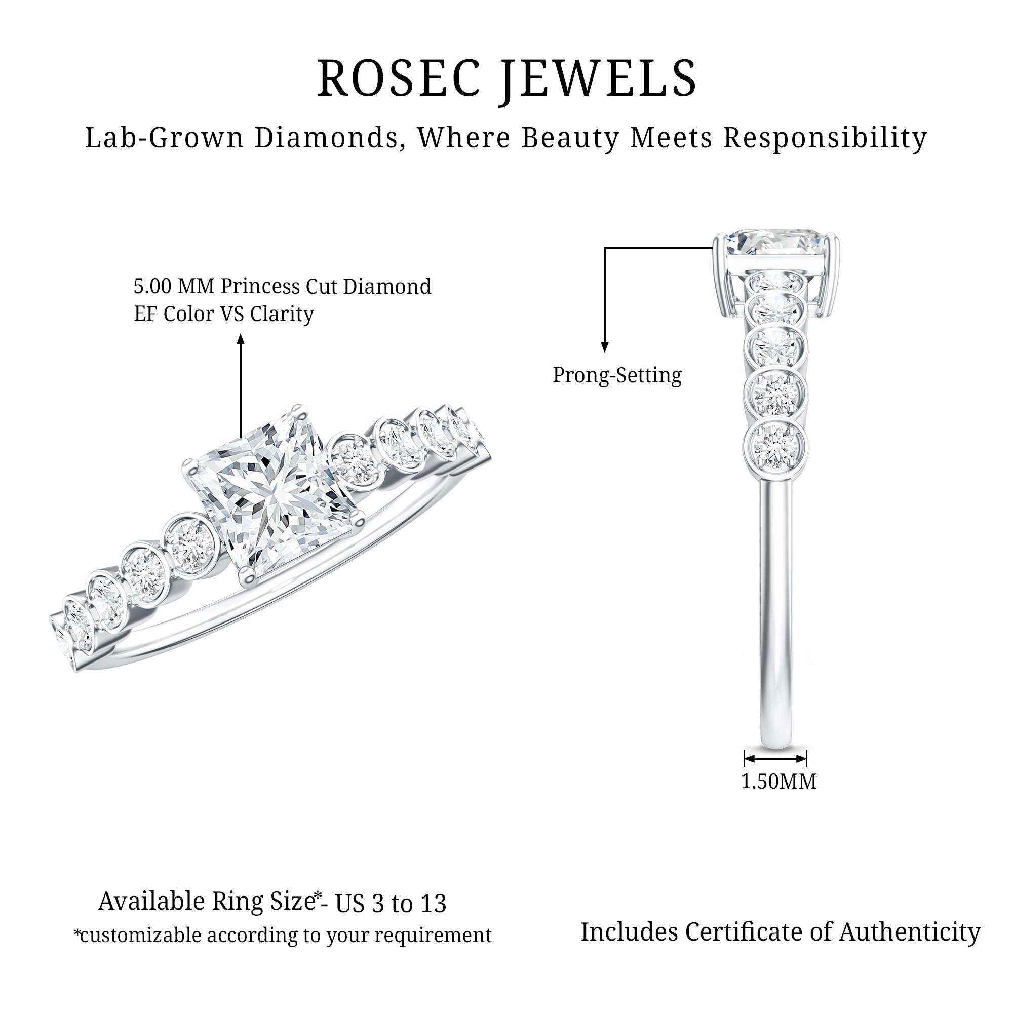 0.8 Carat Lab Grown Diamond Princess Cut Engagement Ring With Side Stones