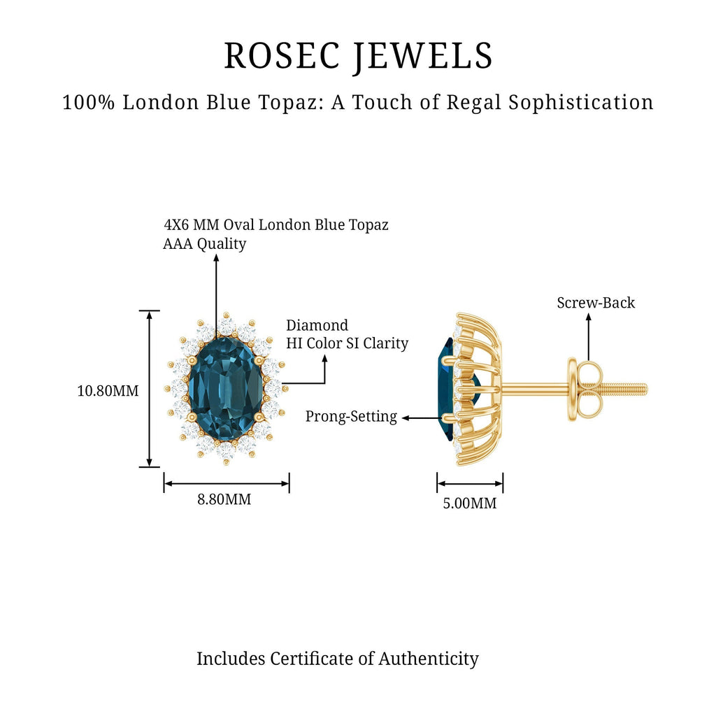 0.8 Carat Oval Cut London Blue Topaz and Diamond Halo Stud Earrings
