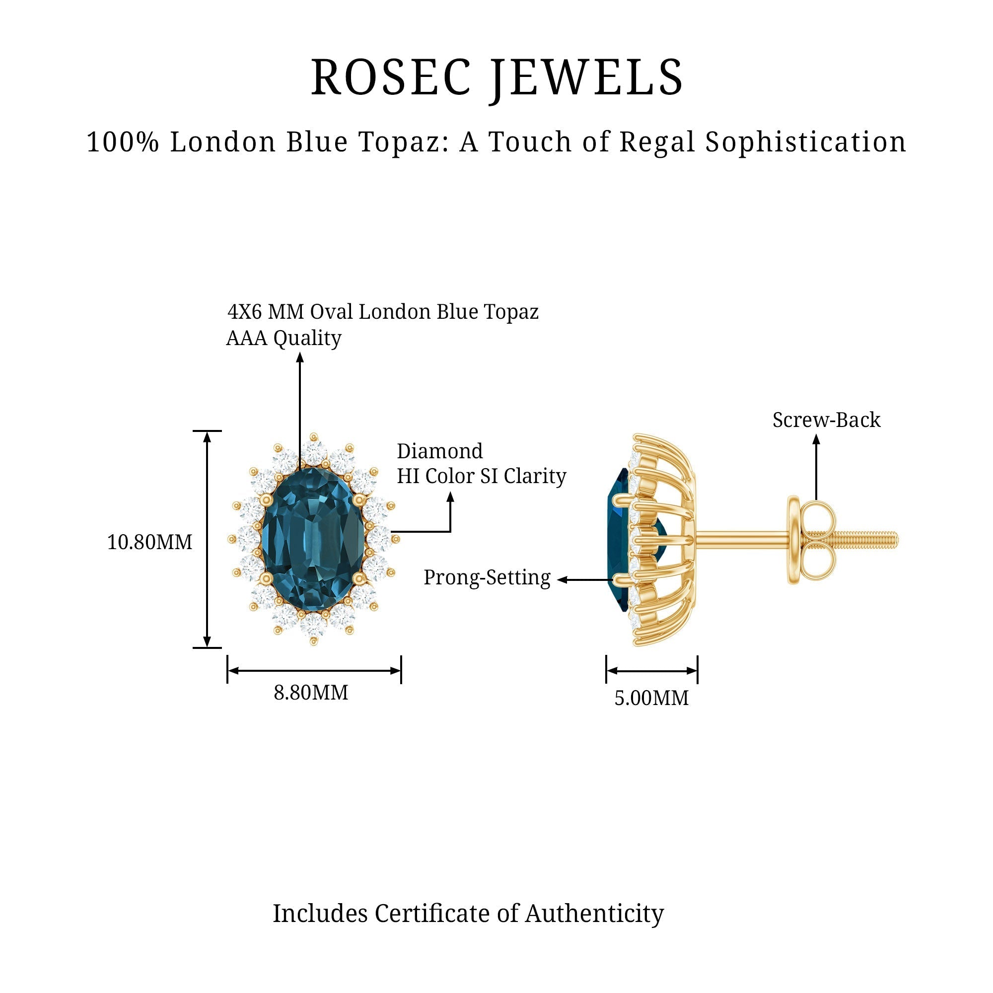 0.8 Carat Oval Cut London Blue Topaz and Diamond Halo Stud Earrings