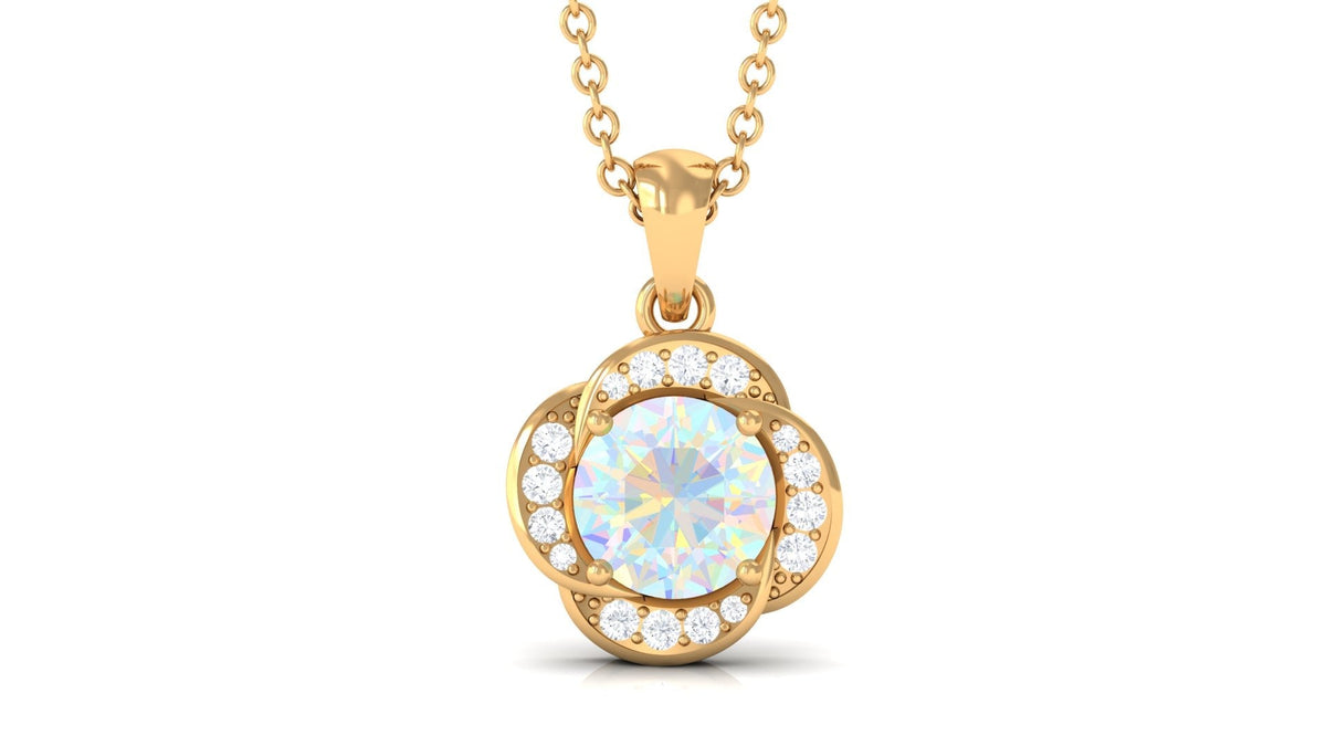 0.8 Carat Round Shape Ethiopian Opal and Diamond Flower Necklace