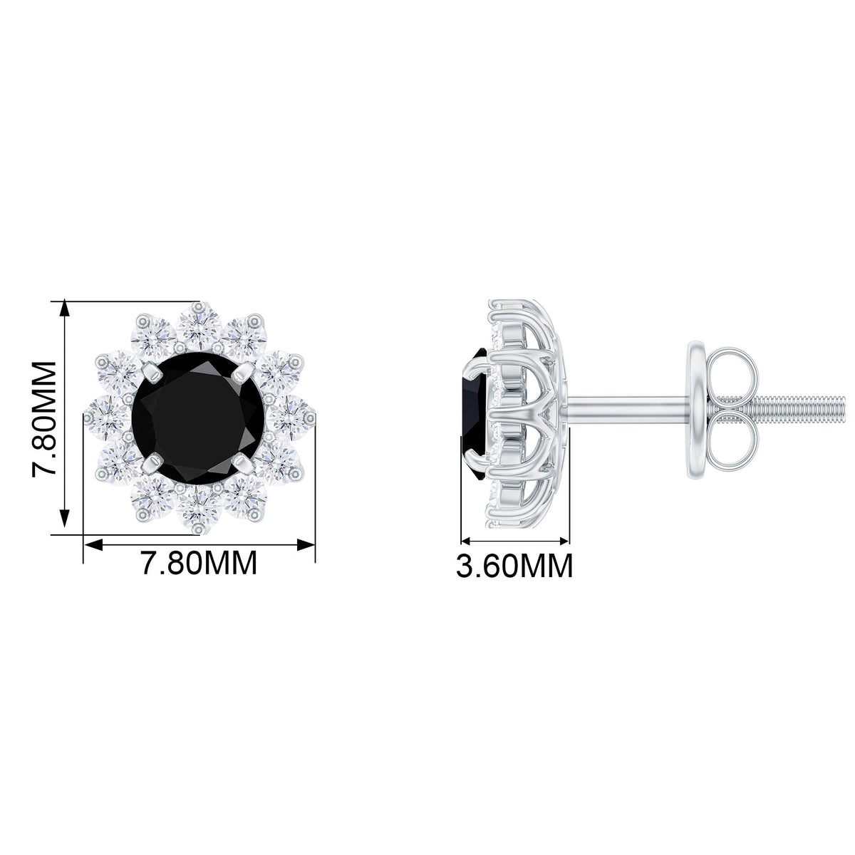 0.9 Carat Black Spinel and Diamond Classic Halo Stud Earrings
