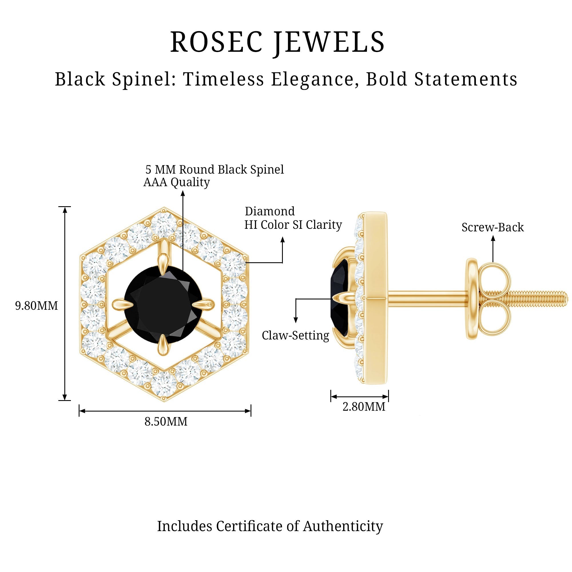 0.9 Carat Black Spinel and Diamond Hexagon Stud Earrings
