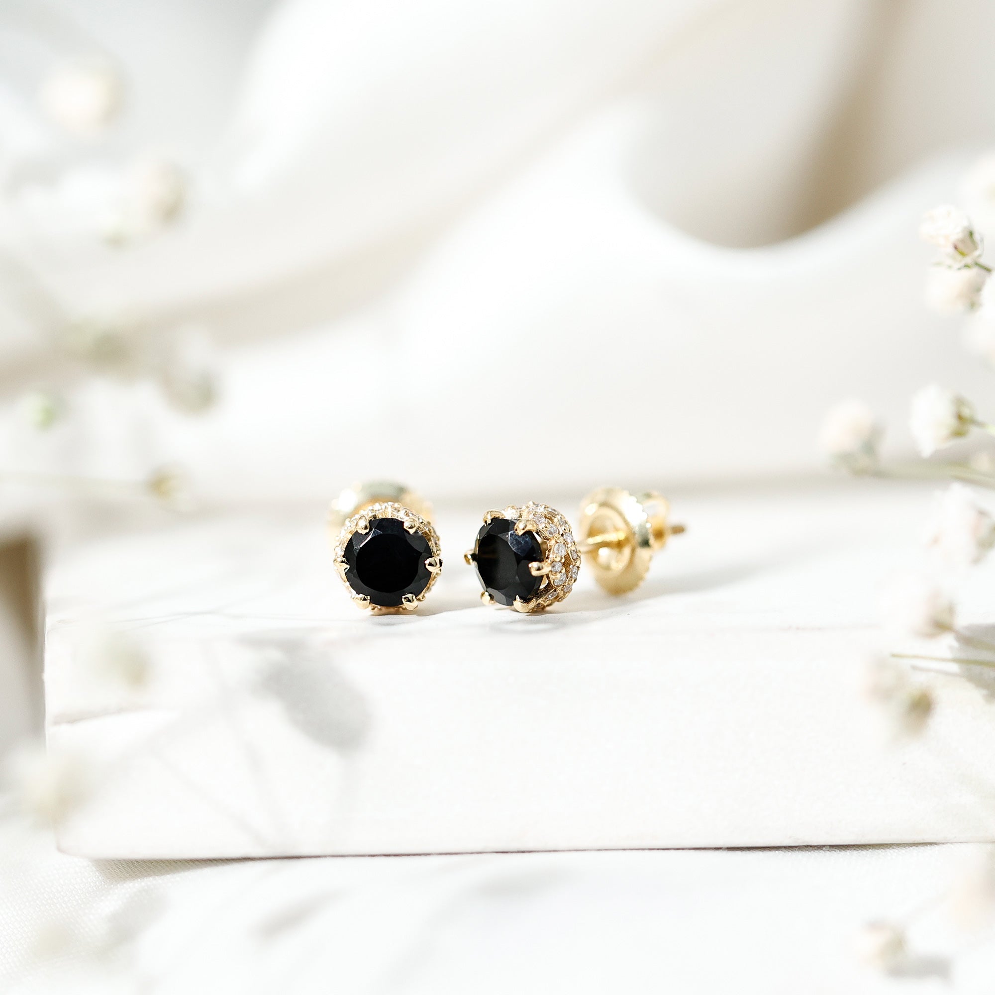 0.9 Carat Black Spinel Stud Earrings with Diamond Accent