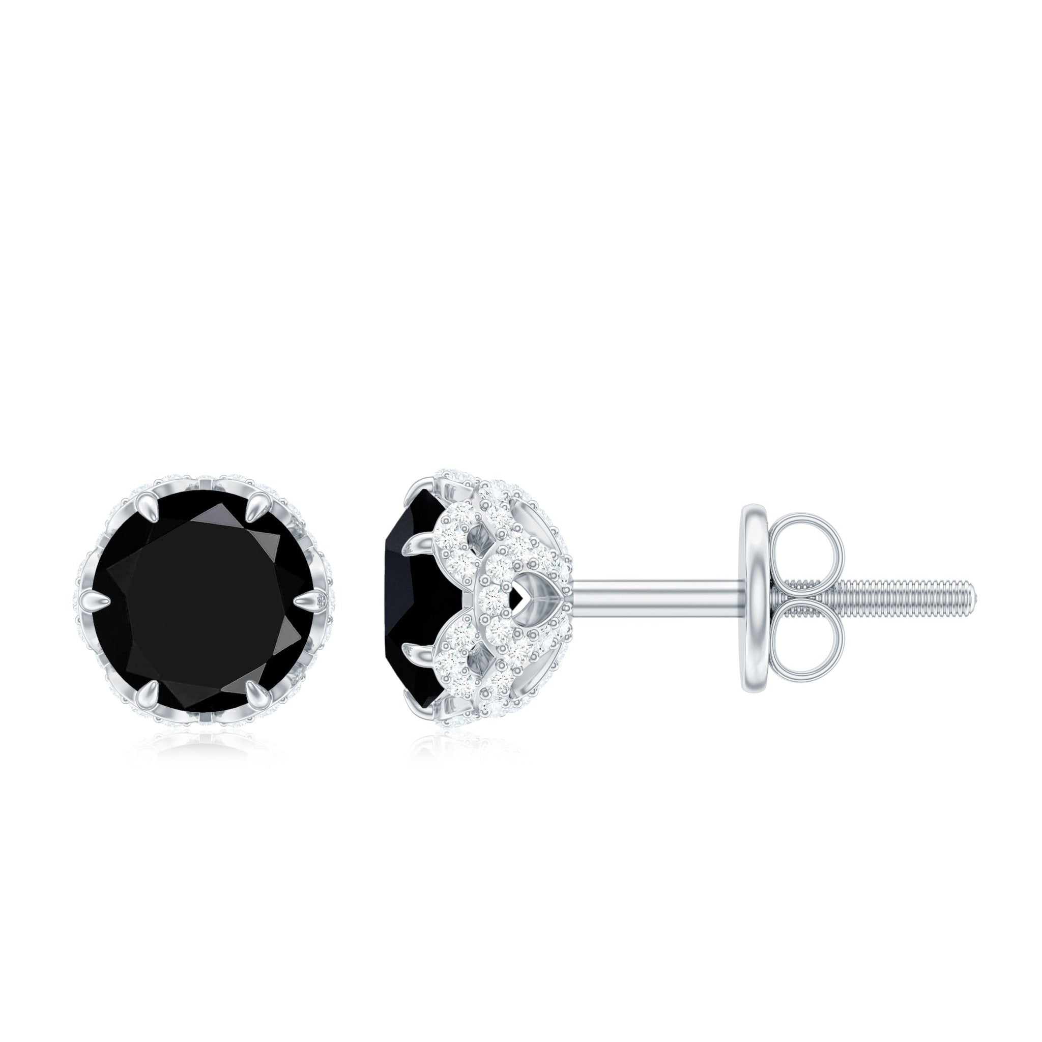 0.9 Carat Black Spinel Stud Earrings with Diamond Accent