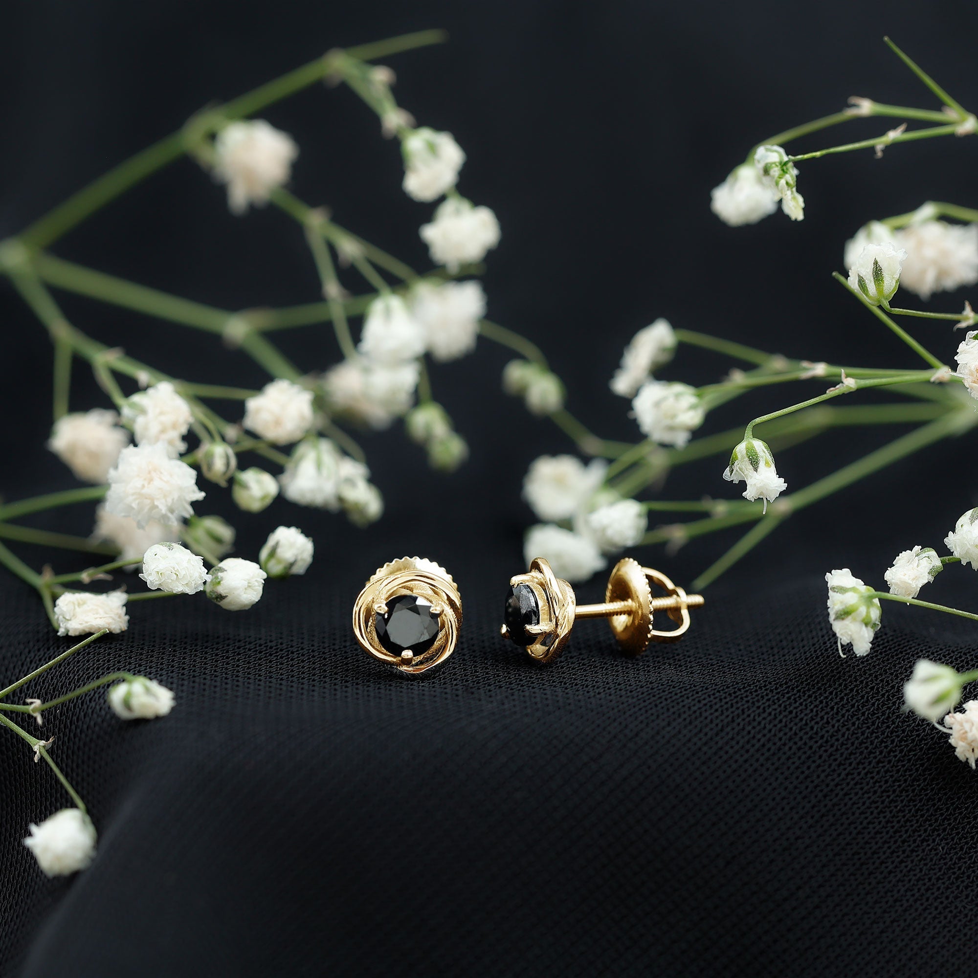 0.9 Carat Black Spinel Swirl Stud Earrings with Screw Backs