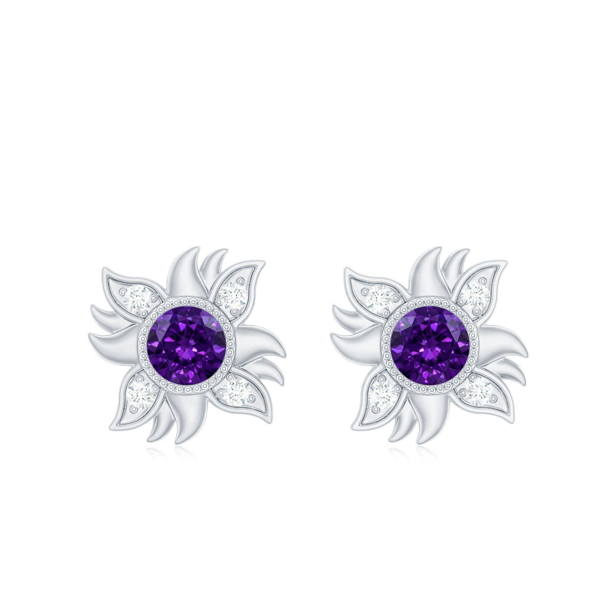 0.9 Carat Round Shape Amethyst and Diamond Sunburst Stud Earrings