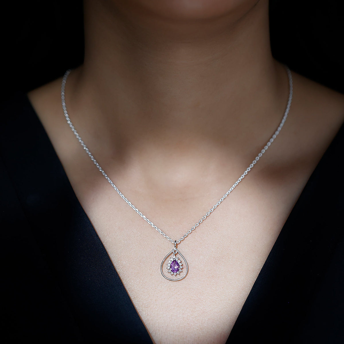 1 Carat Amethyst Teardrop Necklace with Moissanite Halo