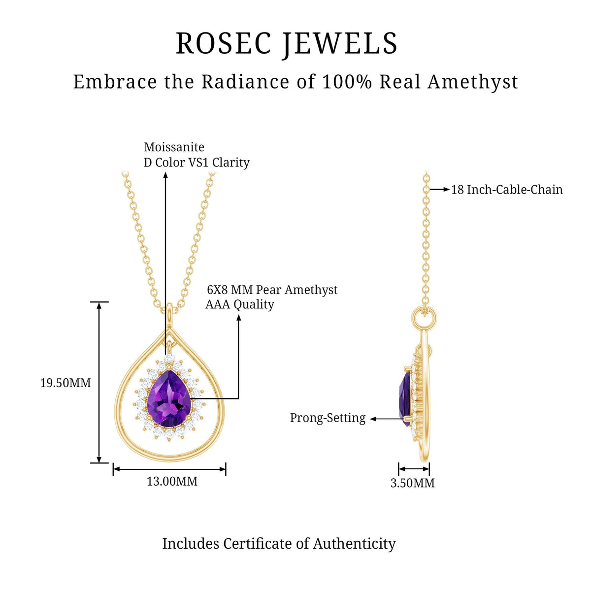 1 Carat Amethyst Teardrop Necklace with Moissanite Halo