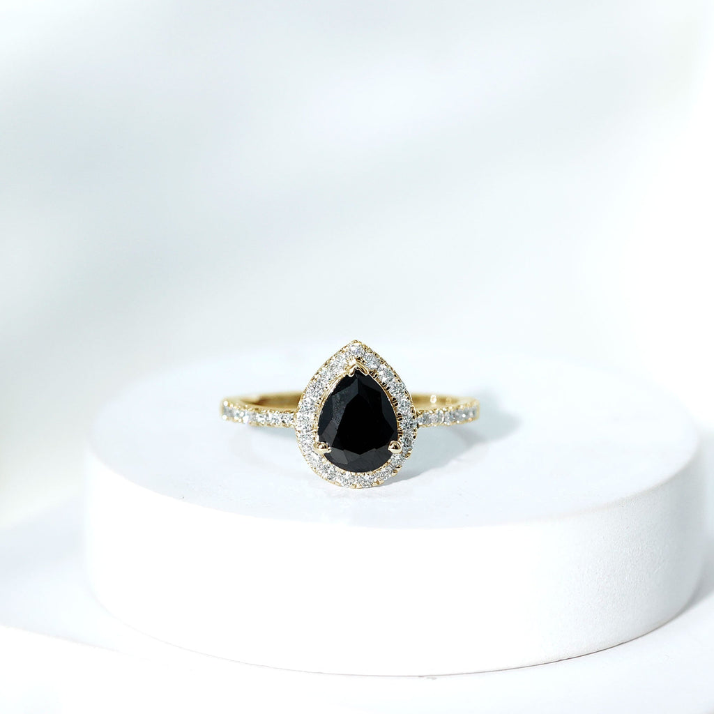 1 Carat Black Onyx Pear Engagement Ring with Diamond Halo