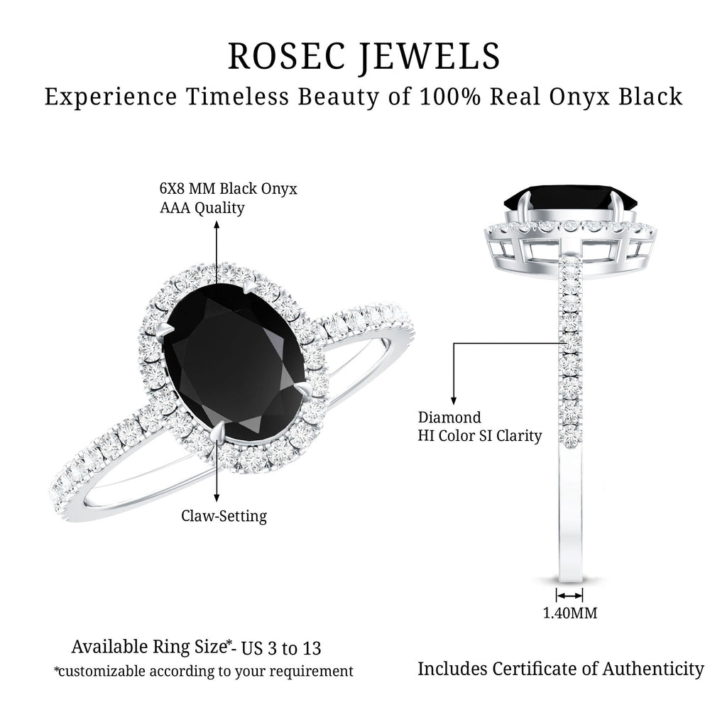 1 Carat Oval Black Onyx and Diamond Halo Engagement Ring
