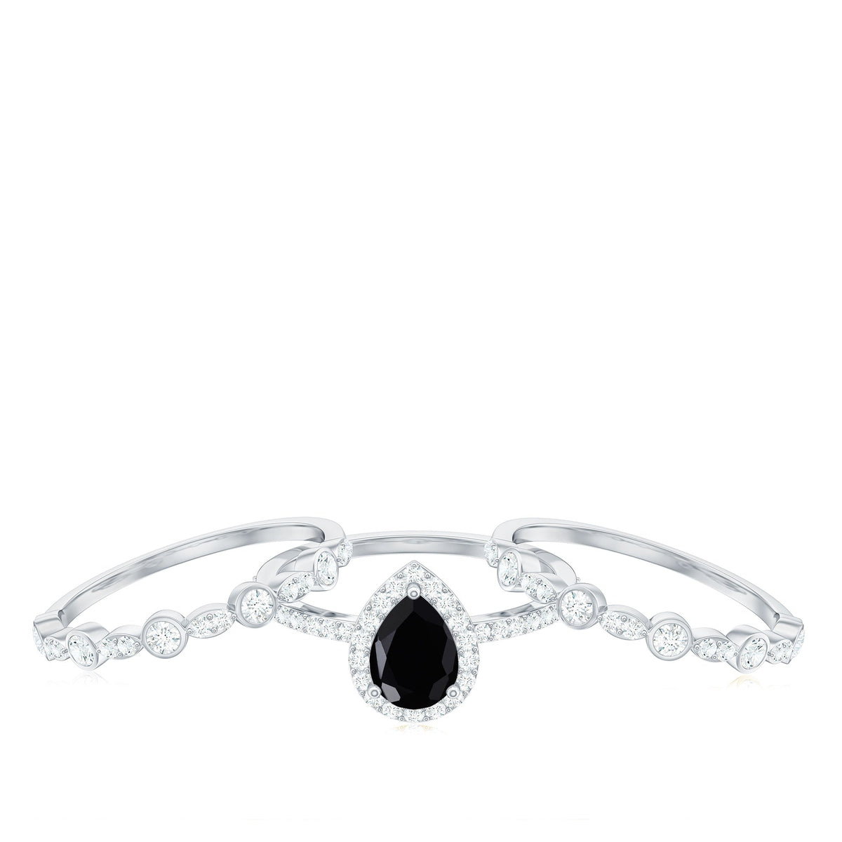 1 Carat Pear Cut Black Onyx Statement Ring Set with Moissanite Bands