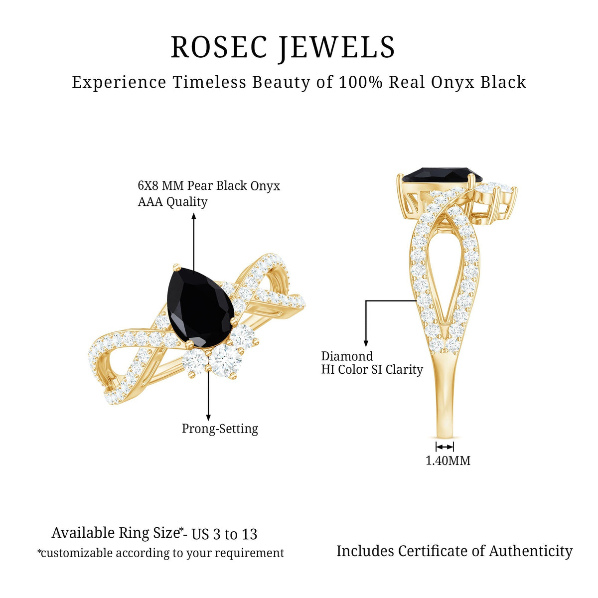 1 Carat Pear Shaped Black Onyx Designer Engagement Ring with Diamond