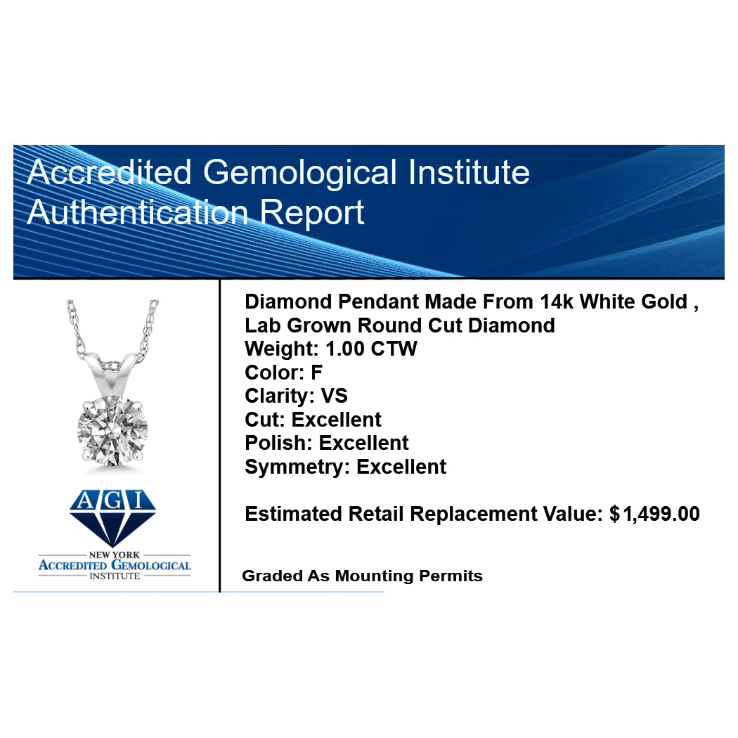 Lab Grown Diamond Pendant – 1 Carat Solitaire Necklace | 14K Gold AGI Certified