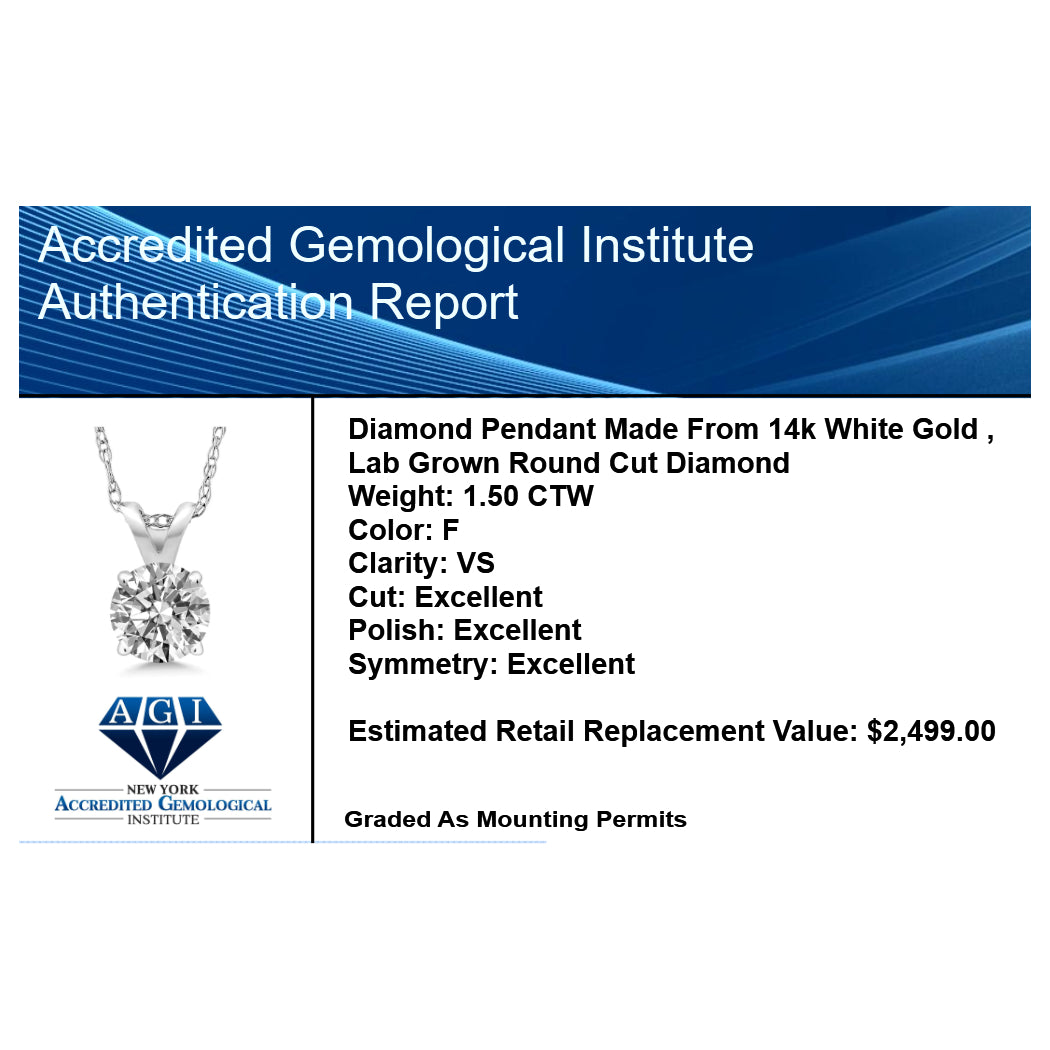 Lab Grown Diamond Pendant – 1.5 Carat Round Diamond Necklace | 14K Gold Necklace