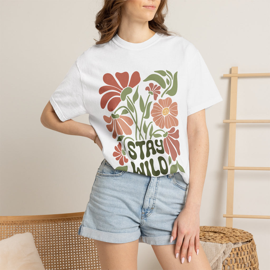 Retro Floral Tee – Stay Wild Shirt | Boho T Shirt, Soft Cotton Tee, Earth Tone T-Shirt