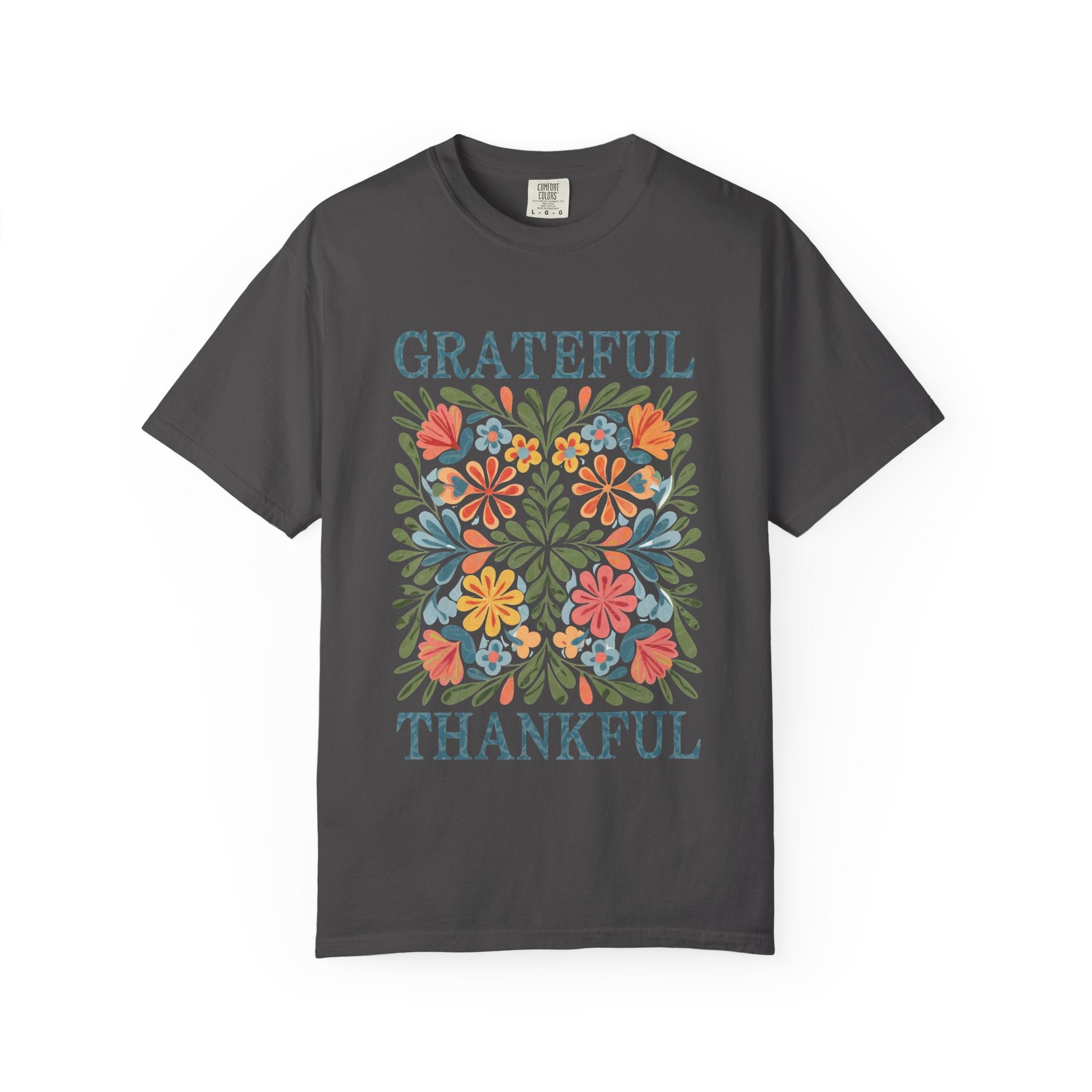 Grateful Thankful Tee - Cozy Fall T-Shirt With Floral Folk Art Design