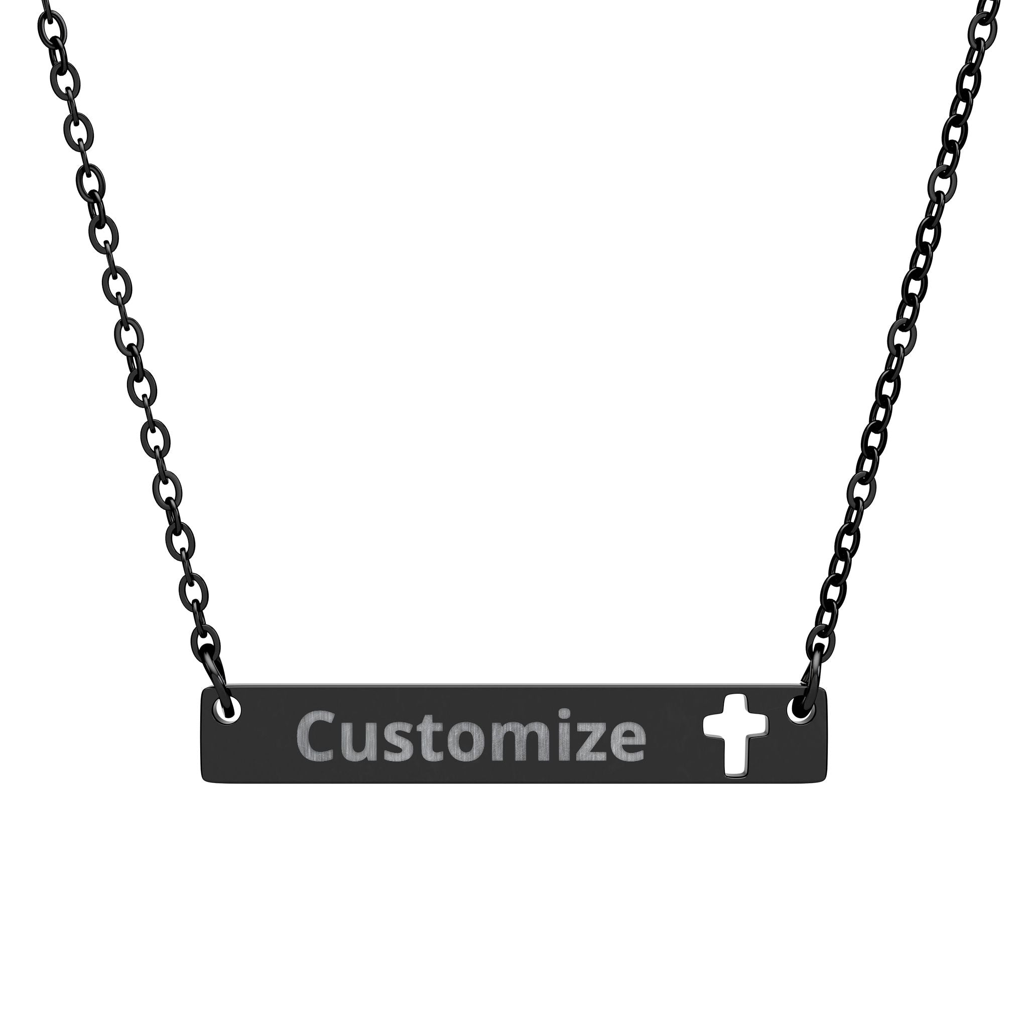 Engraved Bar Necklace - Custom Name Pendant With Cutout Cross | Stainless Steel Jewelry