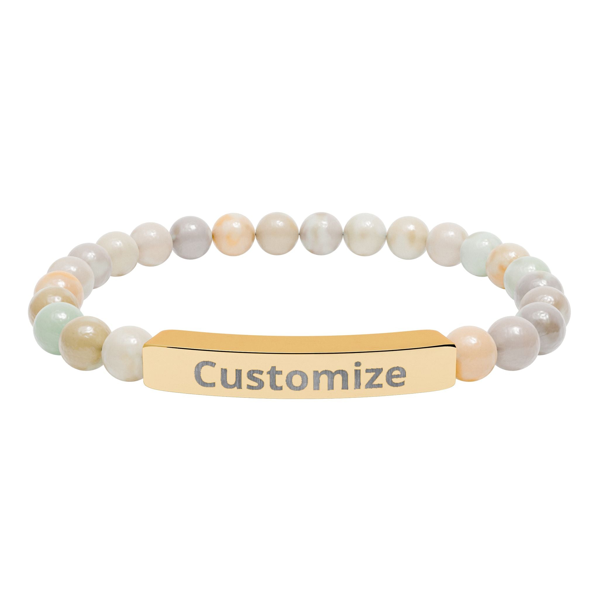 Engraved Bar Bracelet – Natural Stone Stretch Bead Band | Custom Name Gift