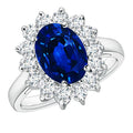 Lab Grown Sapphire Ring – Princess Diana Oval Sapphire Diamond Halo in 14K White Gold
