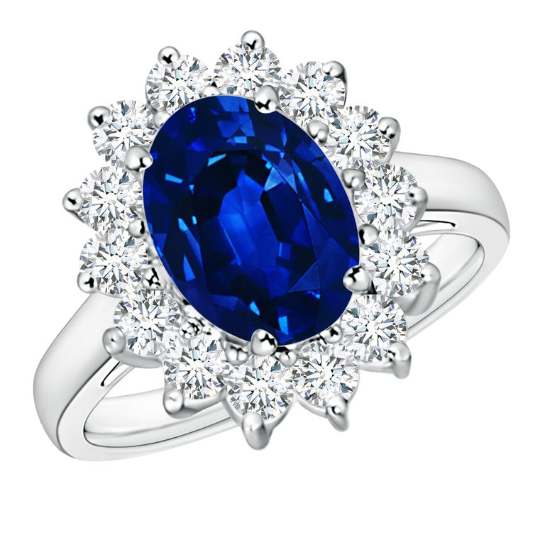Lab Grown Sapphire Ring – Princess Diana Oval Sapphire Diamond Halo in 14K White Gold