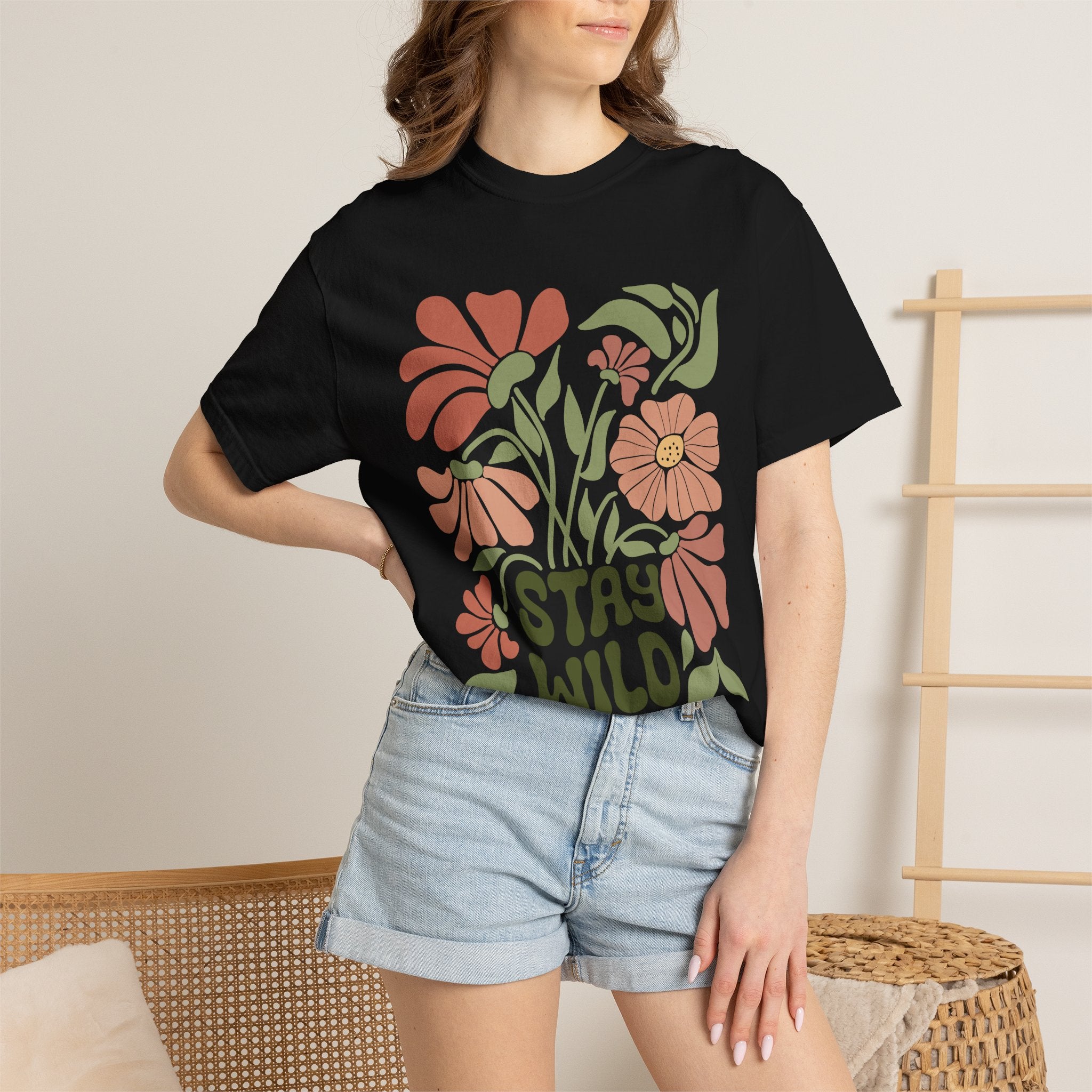 Retro Floral Tee – Stay Wild Shirt | Boho T Shirt, Soft Cotton Tee, Earth Tone T-Shirt
