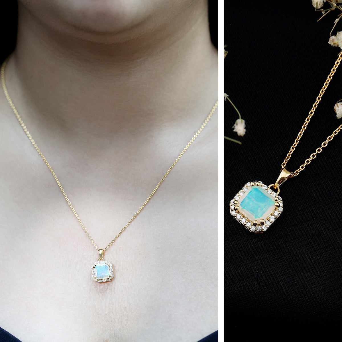 1.25 Carat Asscher Cut Ethiopian Opal Necklace with Diamond Halo