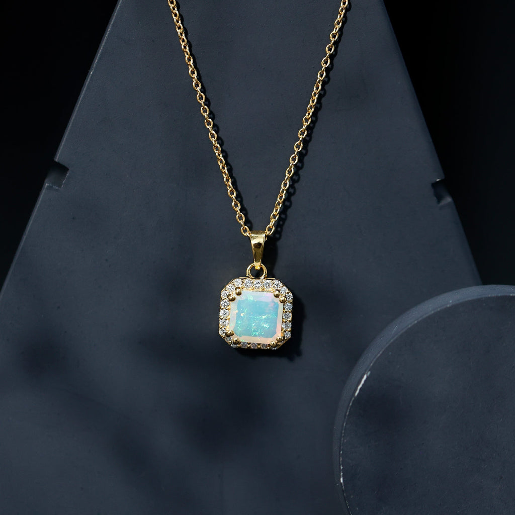 1.25 Carat Asscher Cut Ethiopian Opal Necklace with Diamond Halo