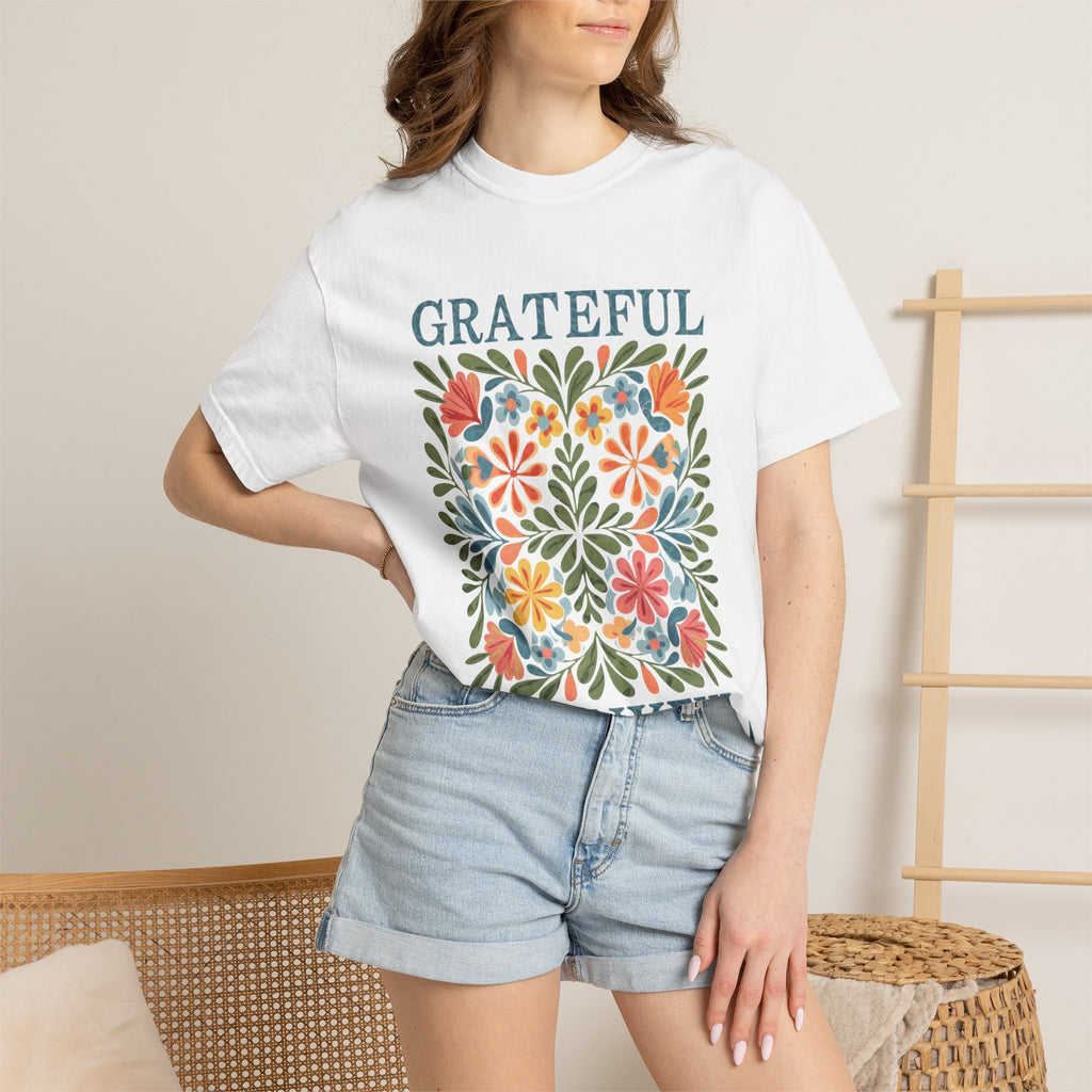Grateful Thankful Tee - Cozy Fall T-Shirt With Floral Folk Art Design