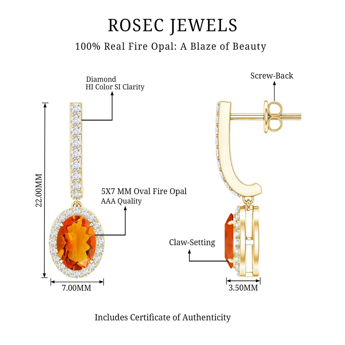 1.3 Carat Natural Oval Fire Opal Diamond Drop Earrings with Latch Back
