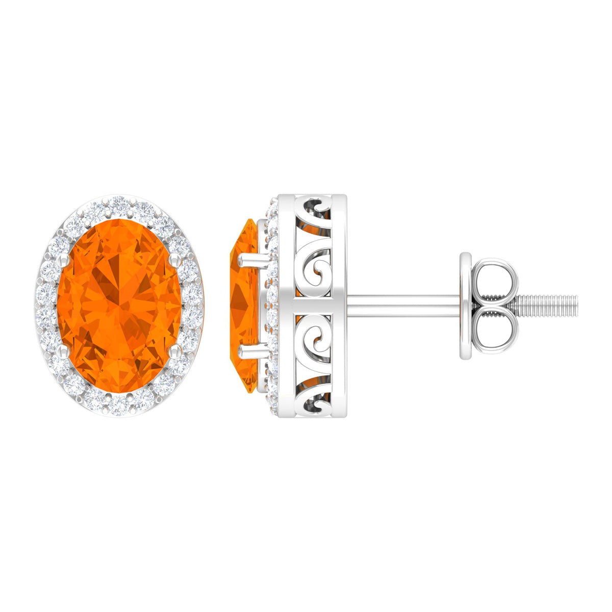 1.3 Carat Oval Cut Fire Opal and Diamond Halo Stud Earrings