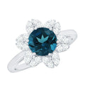 1.3 Carat Round London Blue Topaz Floral Engagement Ring with Diamond