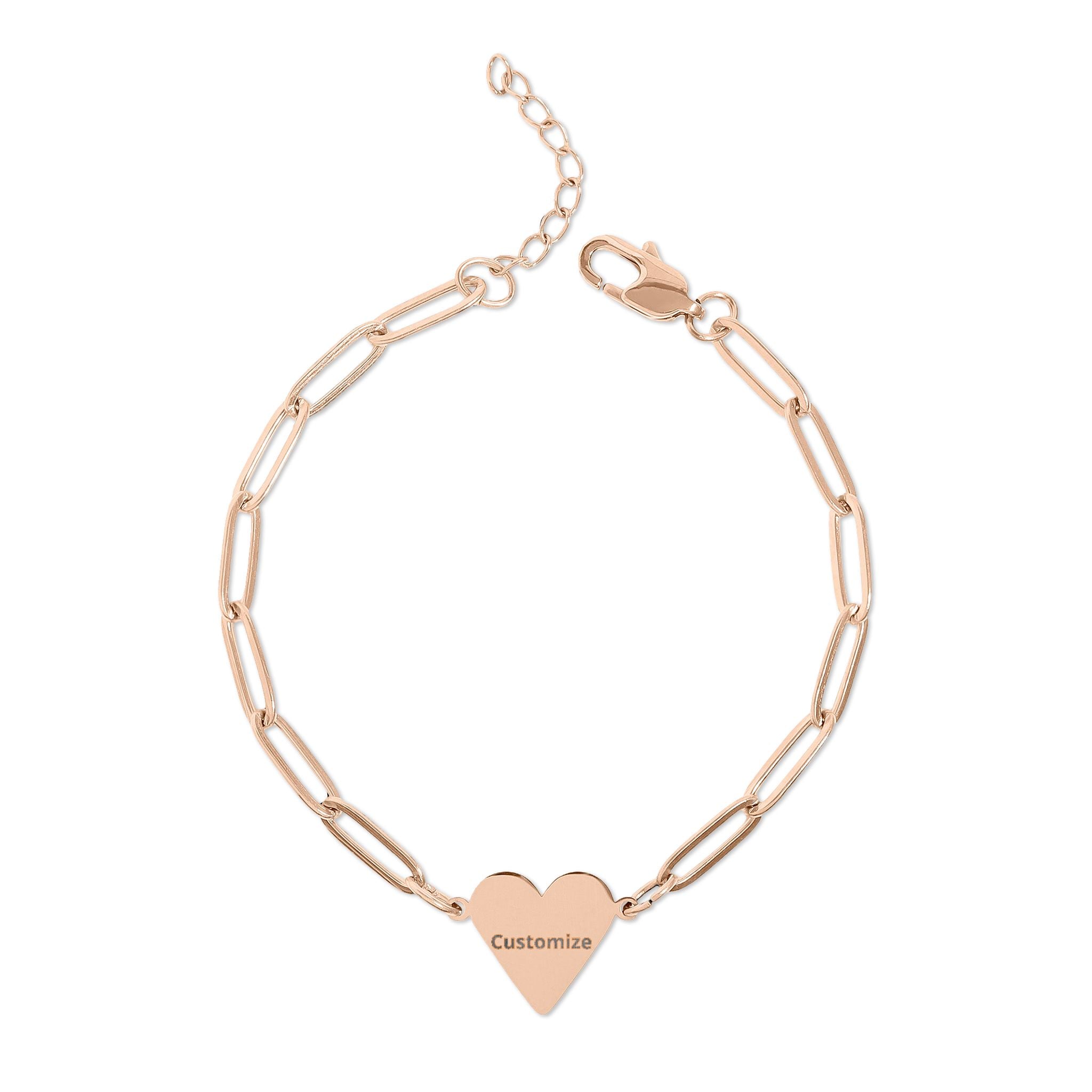 Engraved Heart Bracelet – Adjustable Paperclip Chain Gold Tone Jewelry