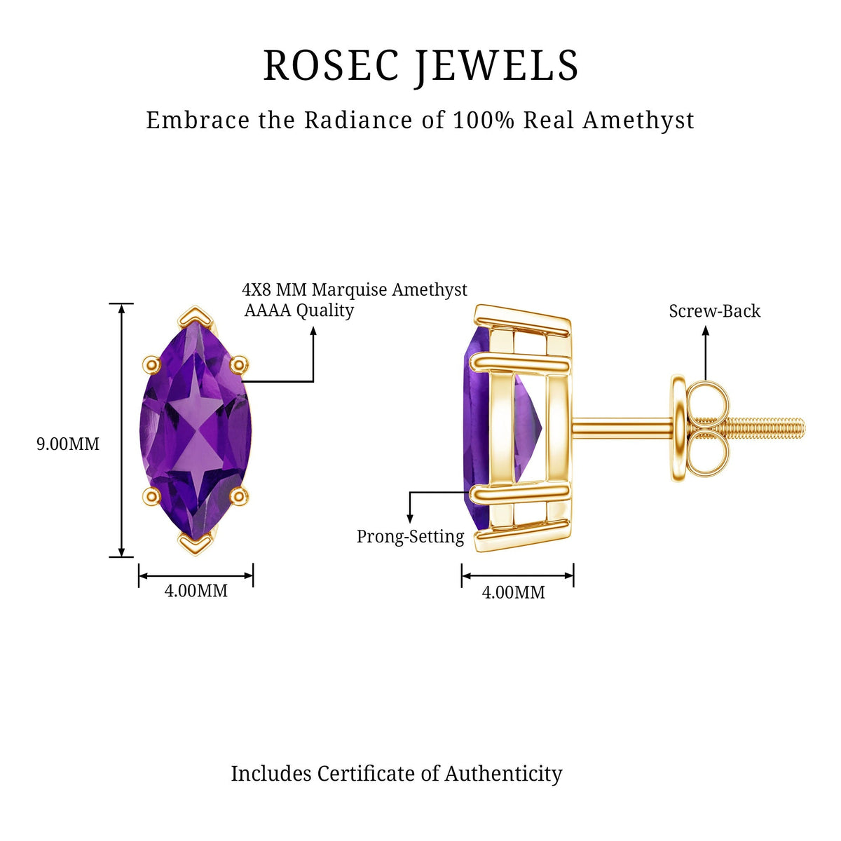 1.48 Carat Marquise Cut Amethyst Solitaire Stud Earrings