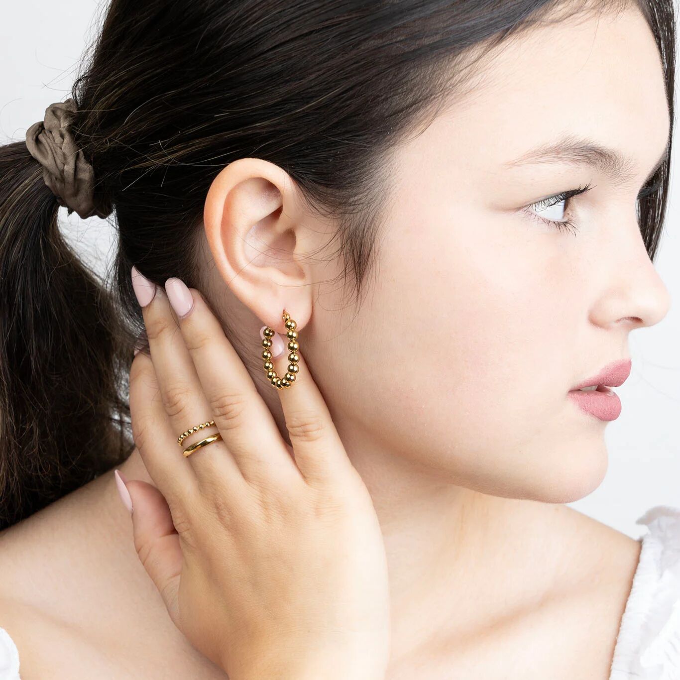 14K Gold Filled PLUS Circle Ball Hoop Earrings- model