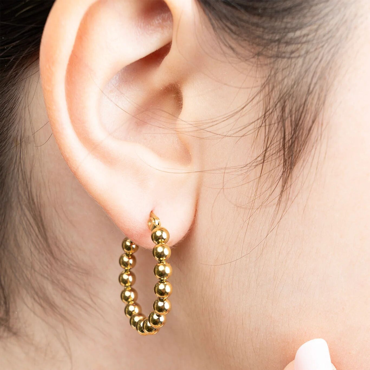 14K Gold Filled PLUS Circle Ball Hoop Earrings- model