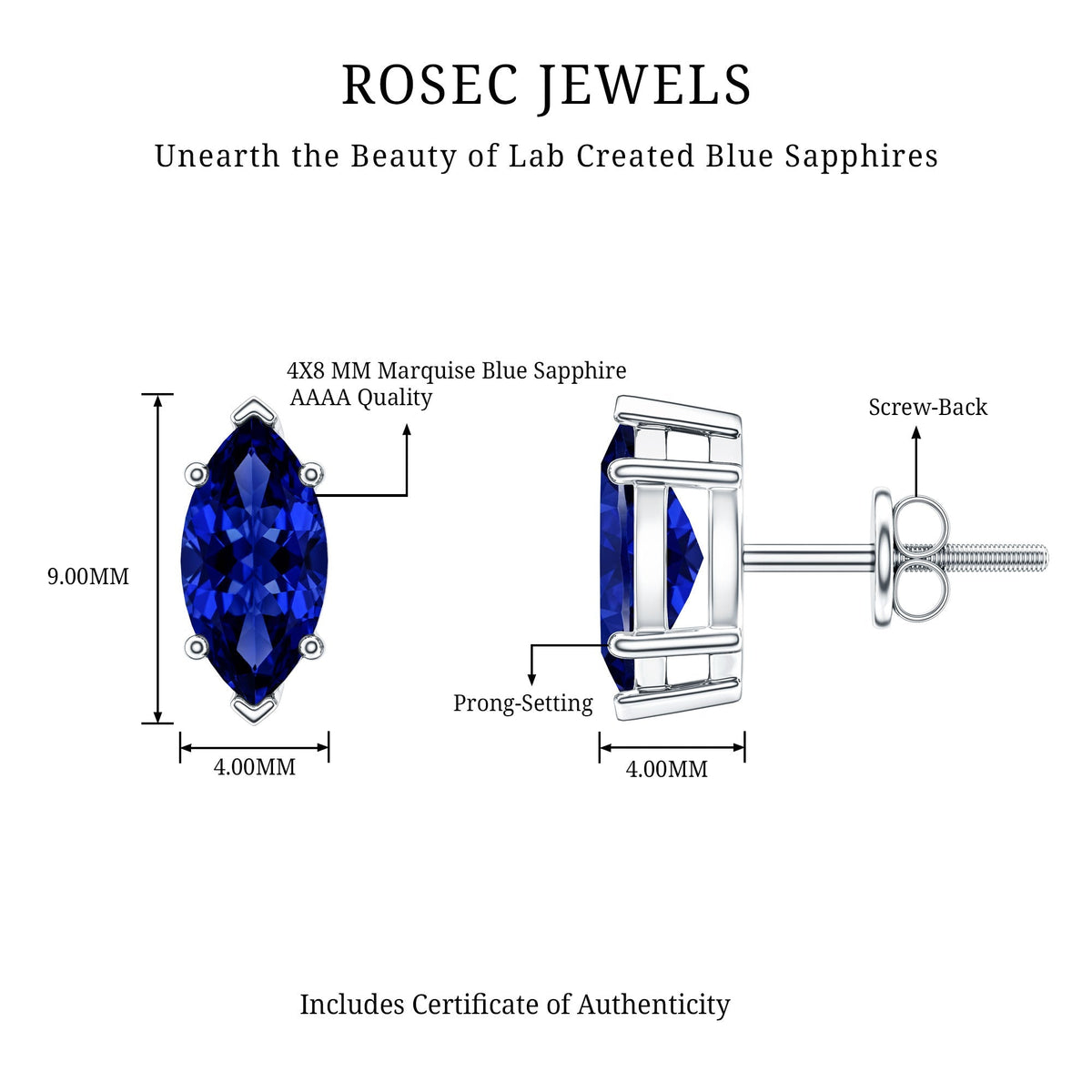 1.5 Carat Marquise Lab Created Blue Sapphire Stud Earrings