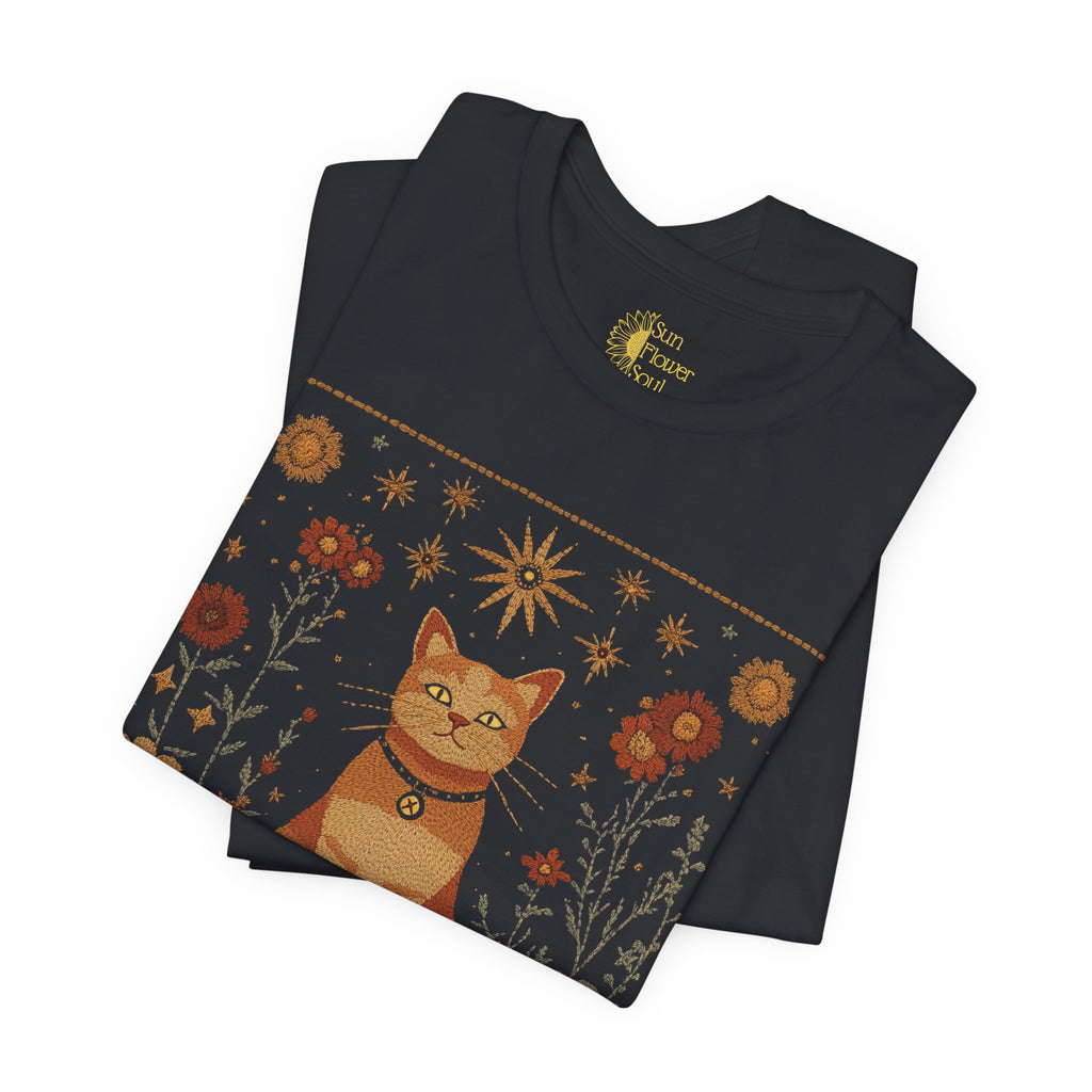 Mystical Cat T-Shirt – Vintage Fall Floral Tee with Orange Tabby | Soft Cotton